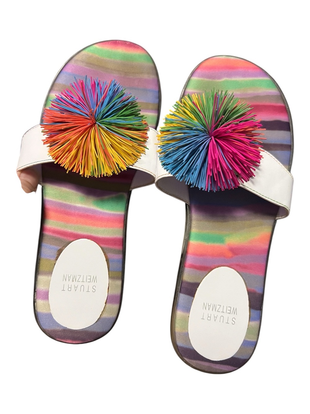 Stuart Weitzman White Slide Sandals with Multicolor Pom Poms